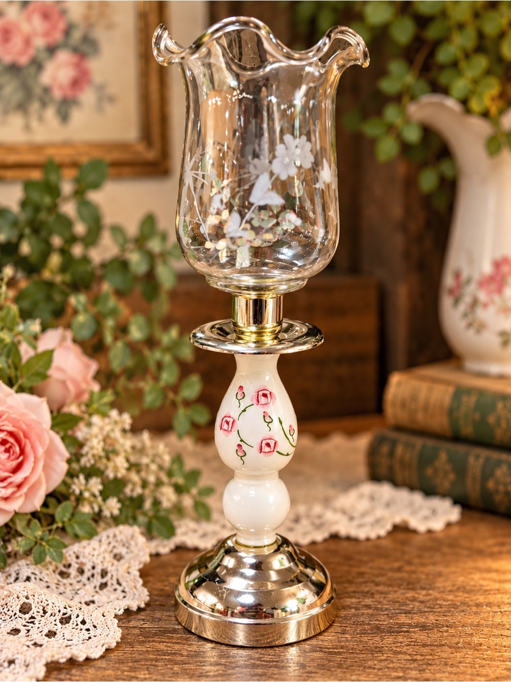 Vintage Home Interiors Pink Rose Hurricane Votive Candle Holder